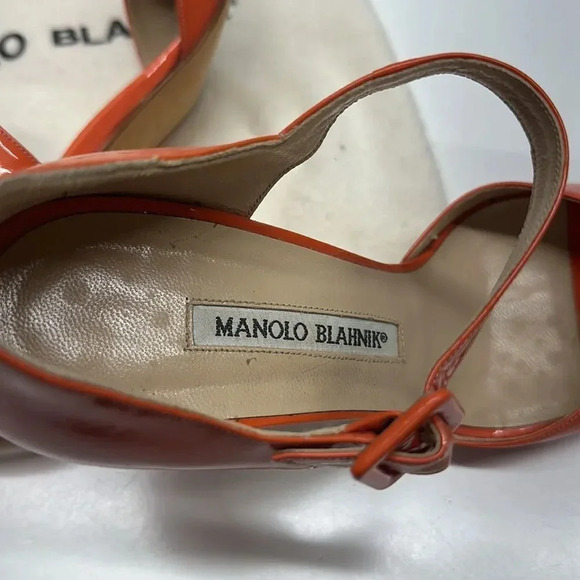 Manolo Blahnik High Heel Shoes Patent Leather Ankle Strap Orange Open Toe 36 - Picture 10 of 11